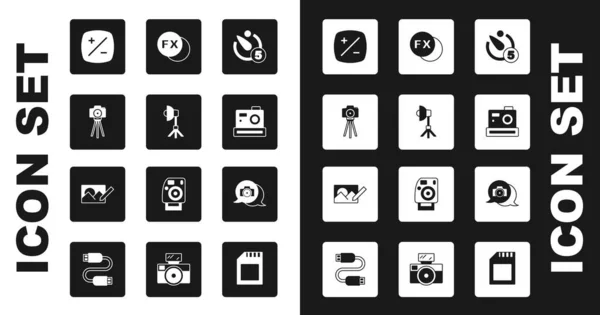 Setzen Sie Kamera-Timer, Softbox-Licht, Fotokamera, Belichtungskorrektur, fx und Retusche-Symbol. Vektor — Stockvektor