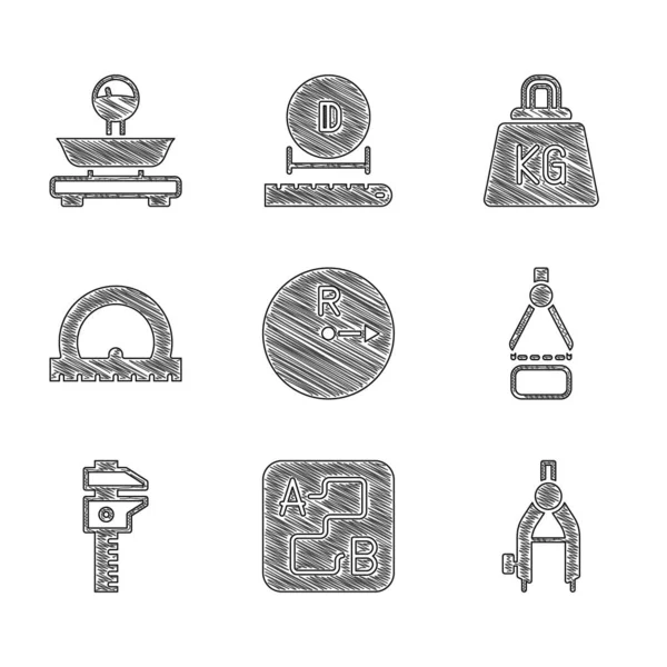 Radius, Route 위치 , Drawing compass, Calliper 또는 caliper 및 scale, Protractor, Weight 및 Scales 아이콘을 설정 한다. Vector — 스톡 벡터