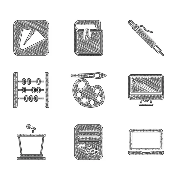 Set Pinsel mit Palette, Prüfungsblatt A plus Note, Laptop, Computermonitor, Ständer, Abacus, Stift und Papier Flugzeug-Symbol. Vektor — Stockvektor