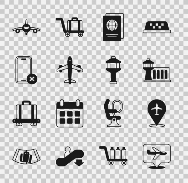 Conjunto de avión, torre de control del aeropuerto, pasaporte, sin teléfono celular, y el icono. Vector — Archivo Imágenes Vectoriales