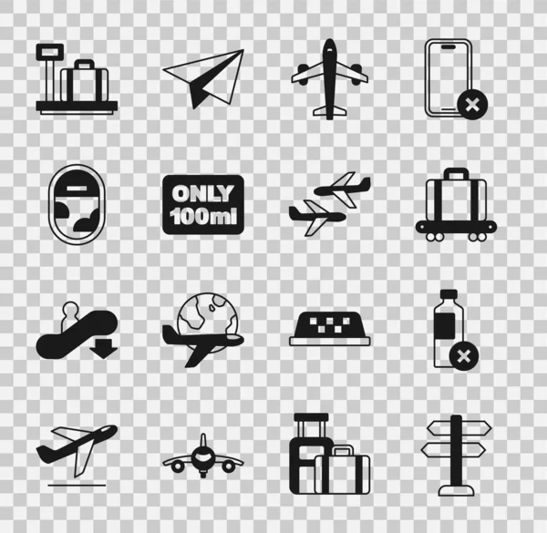 Trafik işaretini ayarla, su şişesi yok, bavullu taşıma bandı, uçak, bagajlı sıvılar, uçak penceresi, ölçek ve simge. Vektör — Stok Vektör