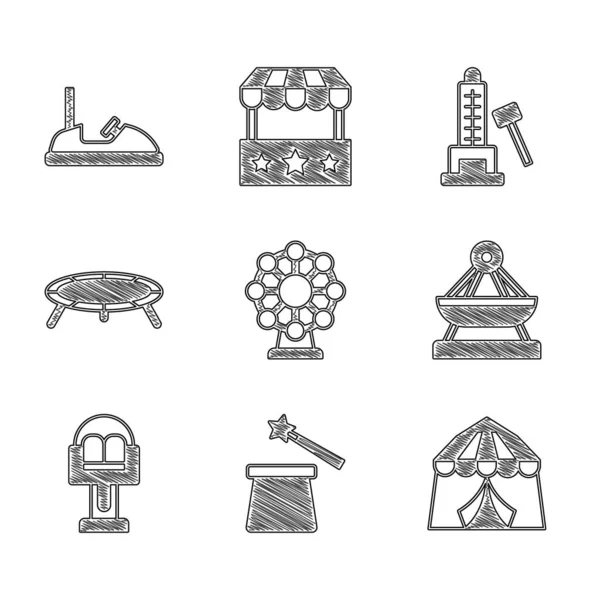 Set rueda de la fortuna, sombrero mágico y varita, tienda de circo, columpio del barco, carrusel de atracción, trampolín de salto, atracción del delantero con el martillo y el icono del parachoques. Vector — Archivo Imágenes Vectoriales