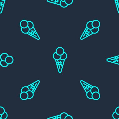 Yeşil çizgi dondurma, waffle konisi ikonu, mavi arkaplanda izole edilmiş, pürüzsüz desen. Güzel sembol. Vektör