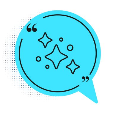 Siyah çizgi ev temizlik hizmeti konsepti simgesi beyaz arkaplanda izole edildi. Bina ve ev. Mavi konuşma balonu sembolü. Vektör