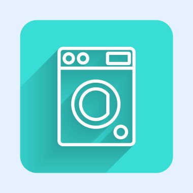 Beyaz çizgi yıkama simgesi uzun gölge arkaplan izole. Çamaşır makinesi simgesi. Çamaşır makinesi, çamaşır makinesi. Ev aletleri sembolü. Yeşil kare düğmesi. Vektör