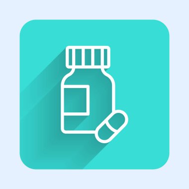 Uzun gölgeli beyaz çizgi sakinleştirici hap ikonu. Yeşil kare düğmesi. Vektör