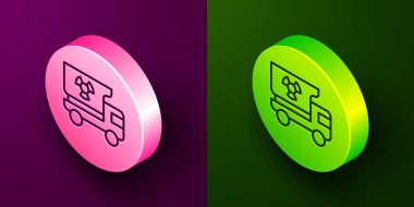 Mor ve yeşil arka planda izole edilmiş radyasyon materyali ikonlu Isometric hat Truck. Çember düğmesi. Vektör