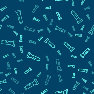 Yeşil çizgi el feneri simgesi mavi arkaplandaki kusursuz deseni izole etti. Vektör