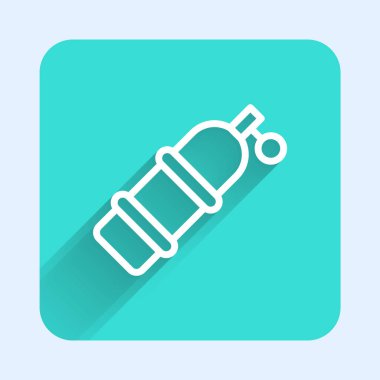 Beyaz çizgi Aqualung simgesi uzun gölge arkaplanı ile izole edildi. Dalgıçlar için oksijen tüpü. Dalış ekipmanları. Olağanüstü bir spor. Su altı ekipmanları. Yeşil kare düğmesi. Vektör