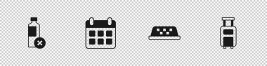 Su şişesi yok, takvim ve uçak yok, taksinin çatısı ve çanta simgesi yok. Vektör