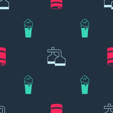 Metal bira fıçısını, bira demleme işlemini ve kusursuz desenli cam kadehini ayarla. Vektör