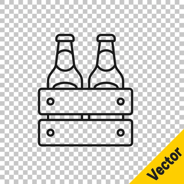 Ligne noire Pack de bouteilles de bière icône isolé sur fond transparent. Boîte en bois et bouteilles de bière. Panneau de caisse de bière Case. Vecteur — Image vectorielle