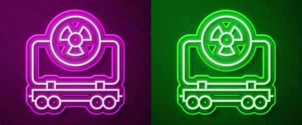 Glowing neon line Radioactive cargo train wagon icon isolated on purple and green background. Freight car. Railroad transportation. Vector — Stock Vector