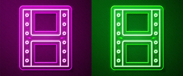 Leuchtende Neon-Linie Abspielen Video-Symbol isoliert auf violettem und grünem Hintergrund. Filmstreifenschild. Vektor — Stockvektor