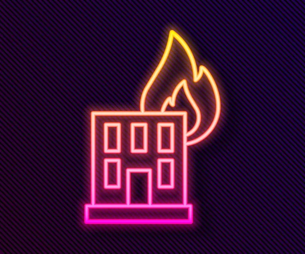 Brillante línea de neón Fuego en edificio en llamas en la ciudad icono de la calle aislado sobre fondo negro. Ciudad destruida en llamas. Vector — Vector de stock