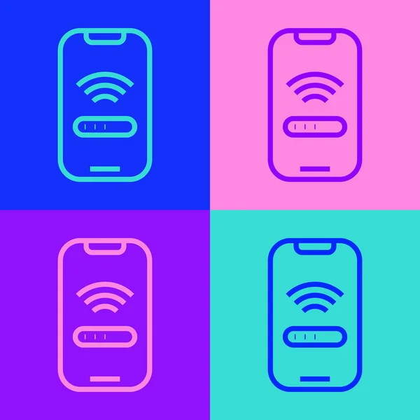 Pop art line Smartphone con Wi-Fi gratis icono de conexión inalámbrica aislado en el fondo de color. Tecnología inalámbrica, conexión wi-fi, red inalámbrica. Vector — Vector de stock