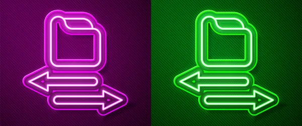 Parlayan neon hattı Aktarım dosyaları simgesi mor ve yeşil arkaplanda izole edildi. Dosyaları kopyala, veri değişimi, yedekleme, PC göçü, dosya paylaşım kavramlarını kopyala. Vektör — Stok Vektör
