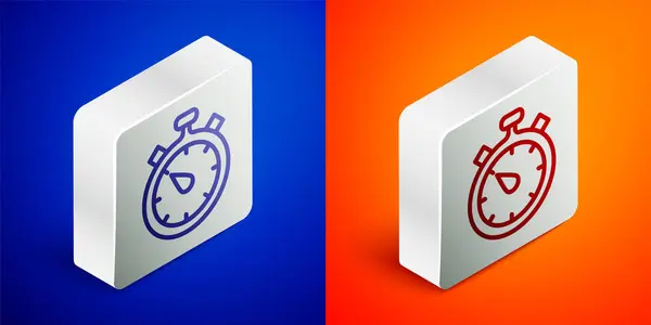 Isometric line Stopwatch icon isolated on blue and orange background. Time timer sign. Chronometer sign. Silver square button. Vector — Stock Vector
