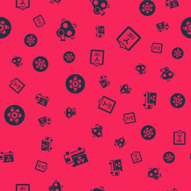 Radyasyon materyalleri, gaz maskesi, Atom ve Radyasyon uyarı belgelerini kusursuz desenlerle donatın. Vektör