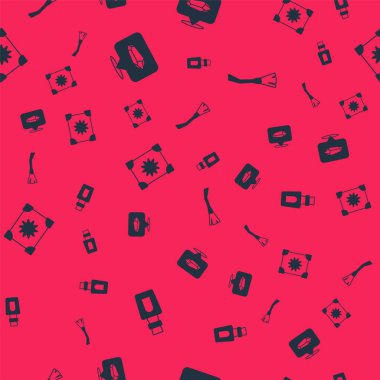 İksir şişesi, sihirli taş, Antik büyü kitabı ve cadıların süpürgesini kusursuz desenli yap. Vektör