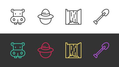 Hippo ya da Hippopotamus, Kamp şapkası, Şelale ve Kürek 'i siyah ve beyaza ayarla. Vektör