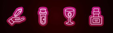 Sihirli taş, iksirli şişe, ortaçağ kadehi ve... Parlayan neon ikonu. Vektör