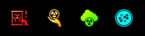Ställ radioaktivt avfall i fat, surt regn och radioaktivt moln och molekyl ikon. Vektor — Stock vektor