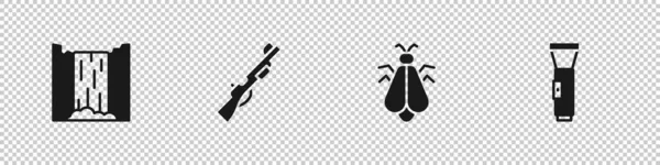 Vízesés, vadászpuska, szúnyog és elemlámpa ikon. Vektor — Stock Vector