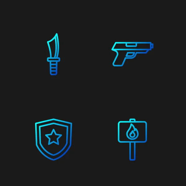 Definir linha de protesto, distintivo da polícia, faca militar e pistola ou arma. Ícones de cores gradientes. Vetor —  Vetores de Stock