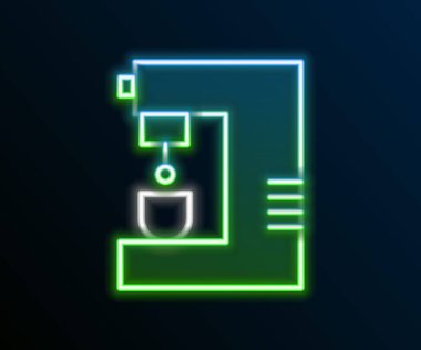 Parlayan neon hattı kahve makinesi simgesi siyah arka planda izole edildi. Renkli taslak konsepti. Vektör