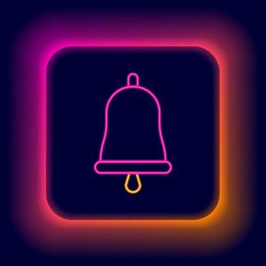 Parlayan neon hattı zil simgesi siyah arkaplanda izole edildi. Alarm sembolü, servis zili, el zili işareti, uyarı sembolü. Renkli taslak konsepti. Vektör