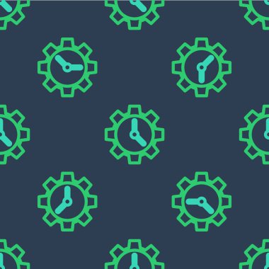 Satır Zaman Yönetimi simgesi mavi arkaplanda kusursuz desen izole etti. Saat ve vites tabelası. Üretkenlik sembolü. Vektör