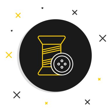 Beyaz arkaplan üzerinde çizgi dikiş ipliği ve düğme simgesi izole edildi. İplik makarası. İplik kutusu. Renkli taslak konsepti. Vektör