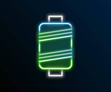 Parlayan neon çizgisi, siyah arkaplanda izole edilmiş makara simgesine iplik dikmek. İplik makarası. İplik kutusu. Renkli taslak konsepti. Vektör