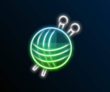 Siyah zemin üzerinde örgü iğneleri ikonu olan parlak neon çizgili iplik topu. El yapımı, örgü ya da terzi için etiket. Renkli taslak konsepti. Vektör