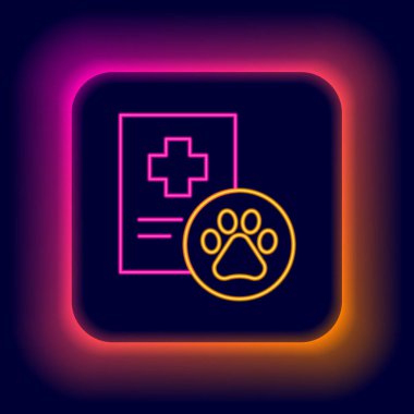 Siyah arka planda izole edilmiş tıbbi klinik evcil hayvan ikonu olan parlak neon çizgi panosu. Sağlık sigortası formu. Tıbbi kontrol işaretleri raporu. Renkli taslak konsepti. Vektör