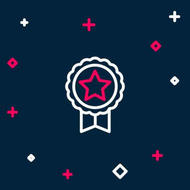 Mavi arkaplanda yıldız simgesi olan çizgi madalyası. Kazanan başarı işareti. Ödül madalyası. Renkli taslak konsepti. Vektör