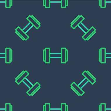Dumbbell çizgisi simgesi mavi arkaplandaki kusursuz deseni izole etti. Kas kaldırma ikonu, fitness halteri, spor aletleri, egzersiz yaban domuzu. Vektör
