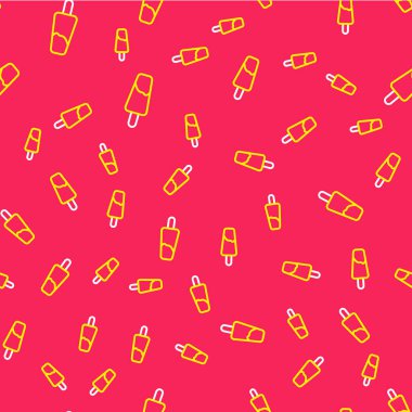 Ahşap çubuk ikonunda çubuklu dondurma izole edilmiş kırmızı arka planda dikişsiz desen. Vektör