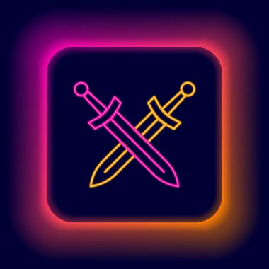 Parlayan neon hattı siyah arka planda izole edilmiş ortaçağ kılıç simgesini geçti. Ortaçağ silahı. Renkli taslak konsepti. Vektör