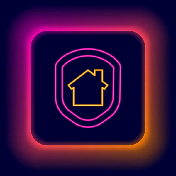 Leuchtende Neon Line House unter Schutz Symbol isoliert auf schwarzem Hintergrund. Heimat und Schild. Schutz, Sicherheit, Sicherheit, Schutz, Verteidigungskonzept. Buntes Rahmenkonzept. Vektor — Stockvektor