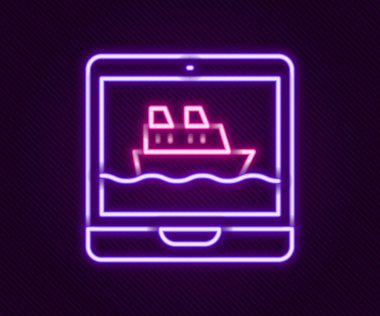 Parlayan neon hattı gemi simgesi siyah arkaplanda izole edildi. Seyahat turizmi deniz taşımacılığı. Yolcu gemisi, yolcu gemisi. Dünya çapında bir gezi. Renkli taslak konsepti. Vektör