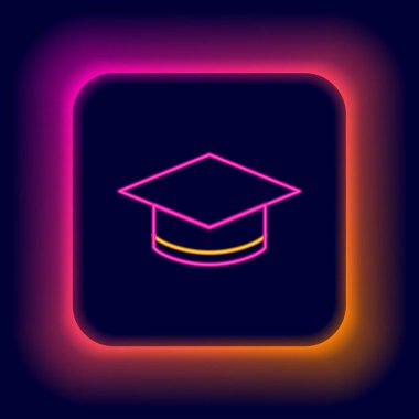 Parlayan neon hattı mezuniyet simgesi siyah arkaplanda izole edildi. Tassel ikonlu mezuniyet şapkası. Renkli taslak konsepti. Vektör
