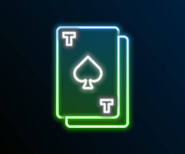 Parlak neon hattı Siyah arkaplanda izole edilmiş maça sembollü iskambil kartı. Kumarhane kumarı. Renkli taslak konsepti. Vektör