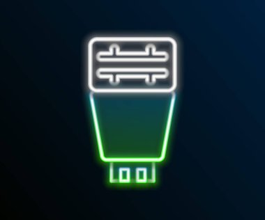 Parlayan neon hattı fotoğraf makinesi flaş ikonu siyah arkaplanda izole edildi. Renkli taslak konsepti. Vektör