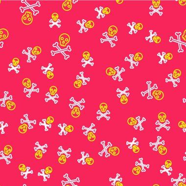 Çapraz kemik simgesindeki Çizgi Kurukafa kırmızı arka planda izole edilmiş pürüzsüz desen. Mutlu Cadılar Bayramı Partisi. Vektör