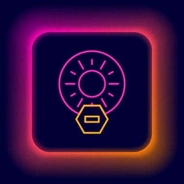 Parlayan neon hattı. Siyah arkaplanda direkt güneş ışığı simgesi yok. Renkli taslak konsepti. Vektör