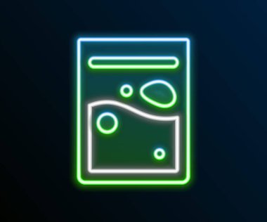 Parlayan neon hattı siyah arka planda izole edilmiş plastik torba uyuşturucu ikonu. Sağlık tehlikesi. Renkli taslak konsepti. Vektör