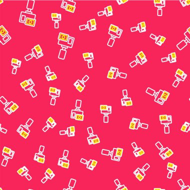 Çizgi Eylemi uç kamera simgesi kırmızı arkaplanda izole edilmiş kusursuz desen. Ekstrem sporları çekmek için video kamera ekipmanı. Vektör