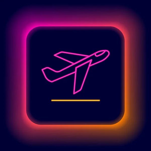 Parlayan neon hattı uçak kalkış ikonu siyah arkaplanda izole edildi. Uçak taşıma sembolü. Renkli taslak konsepti. Vektör — Stok Vektör
